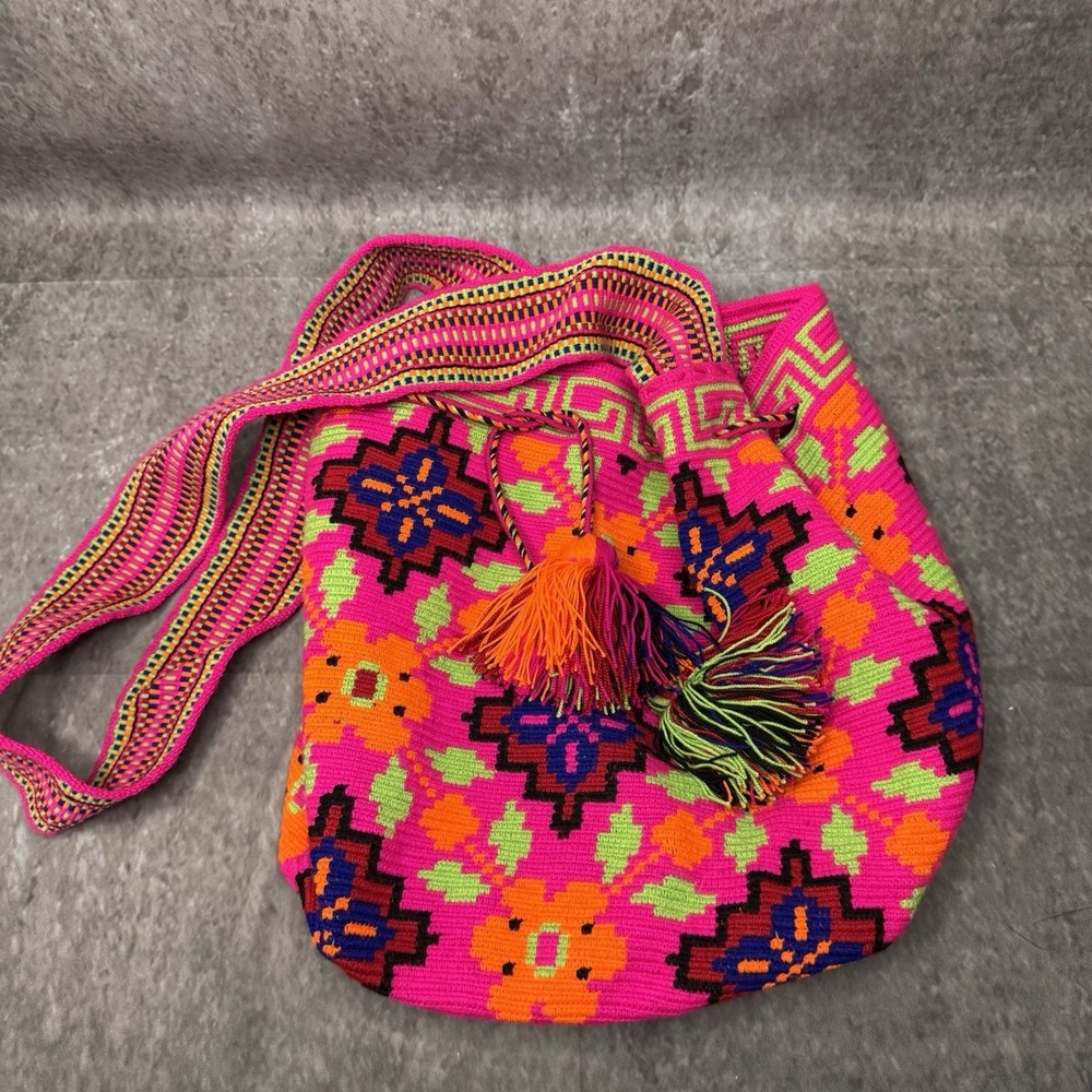 Wayuu Mochila Columbian Boho Festival Woven Crossbody Bucket Handbag Multicolor